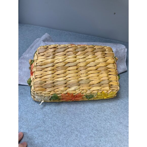 Vintage Handwoven Rattan Basket with Floral Embellishments Burlap Liner  11x7 19 - Picture 6 of 11